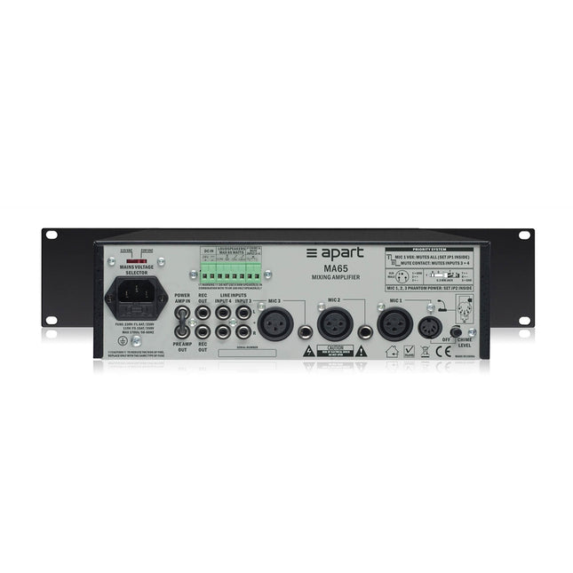 Apart MA65 100V Mixer Amp 65W 3-Mic/2-Line 230VAC 2U Exc Rack Ears
