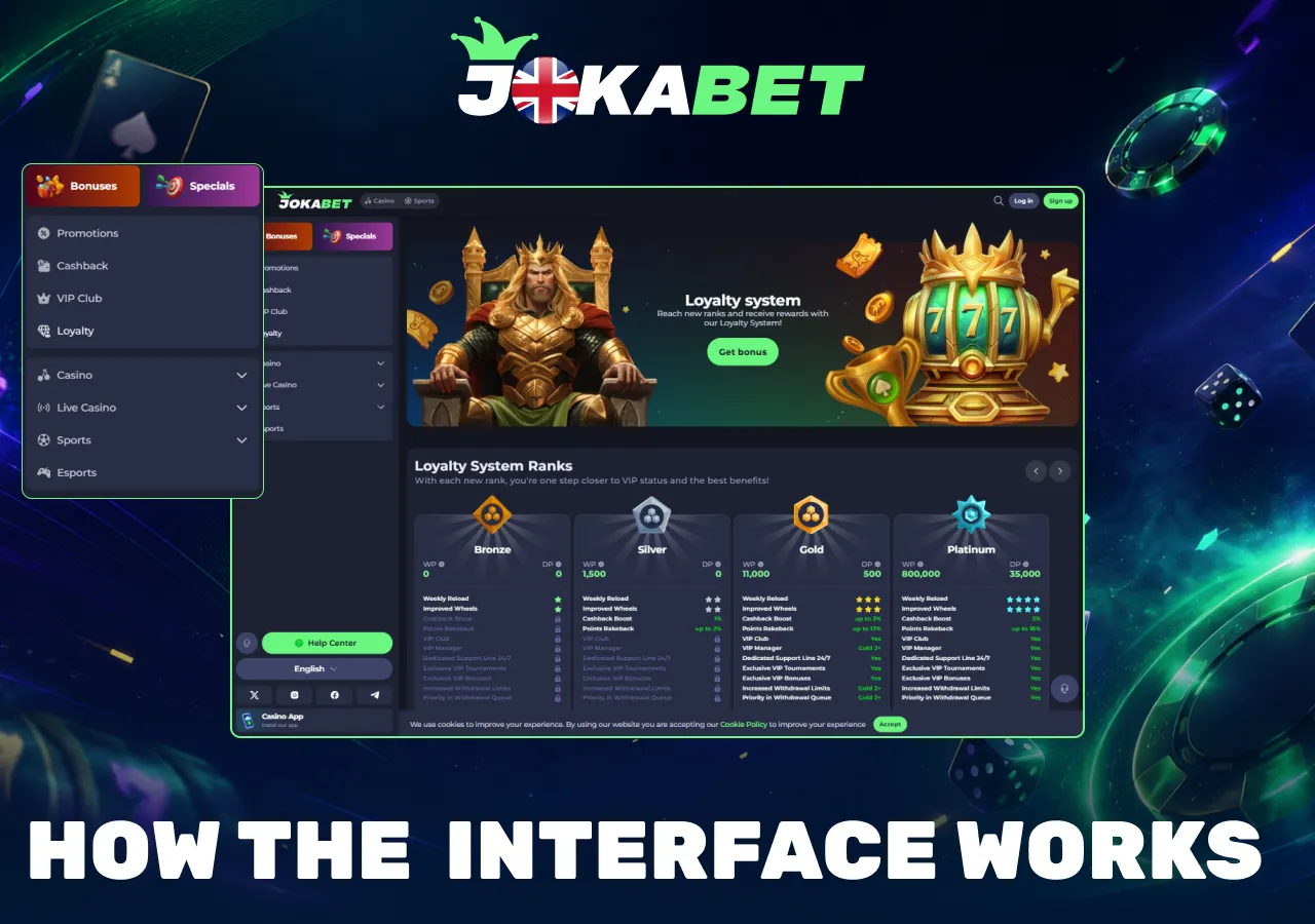 website interface showing the navigation menu, bonuses, cashback, VIP Club, casino and sports sections.