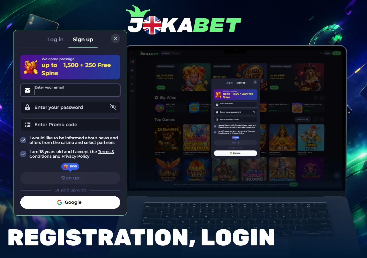 Jokabet registration and login interface with email, password, promo code and Google sign-up options.